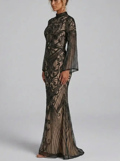 Black Sequin Embellished Illusion Tulle Evening Gown - Dresses