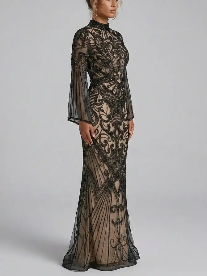 Black Sequin Embellished Illusion Tulle Evening Gown - Dresses