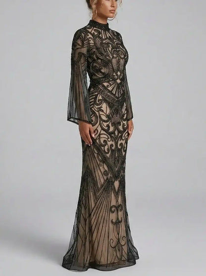 Black Sequin Embellished Illusion Tulle Evening Gown - Dresses