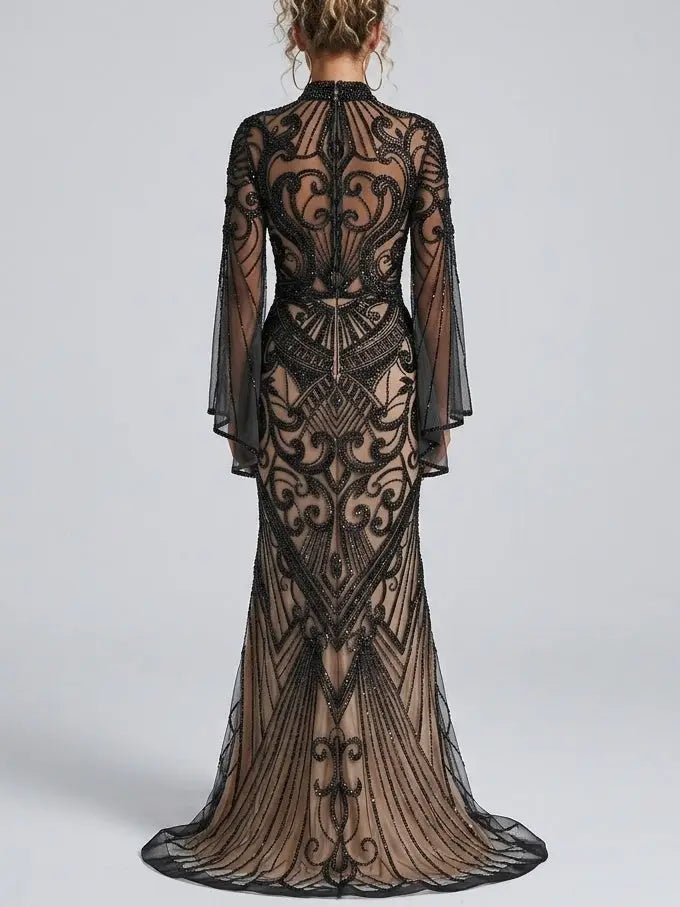 Black Sequin Embellished Illusion Tulle Evening Gown - Dresses