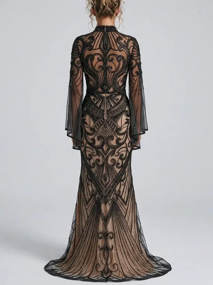 Black Sequin Embellished Illusion Tulle Evening Gown - Dresses