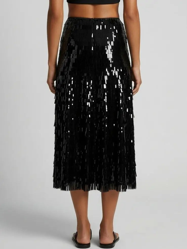 Black Sequin Fringe Midi Skirt - Skirts