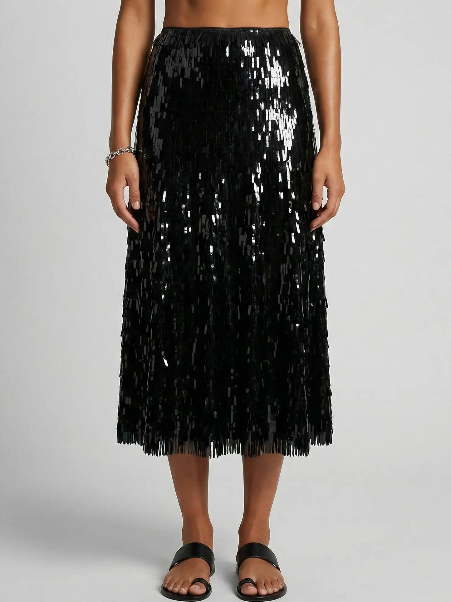 Black Sequin Fringe Midi Skirt - Skirts