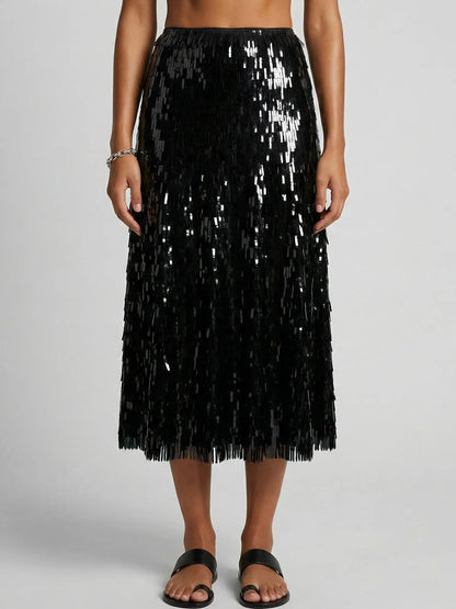 Black Sequin Fringe Midi Skirt - Skirts