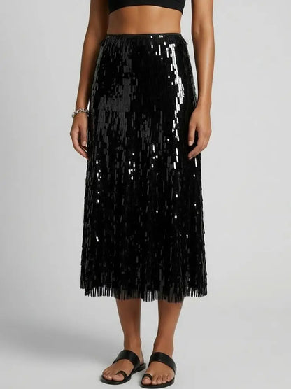 Black Sequin Fringe Midi Skirt - Skirts