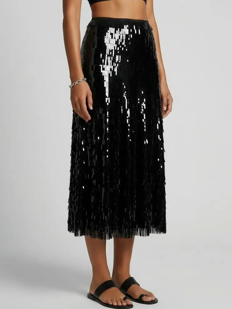 Black Sequin Fringe Midi Skirt - Skirts