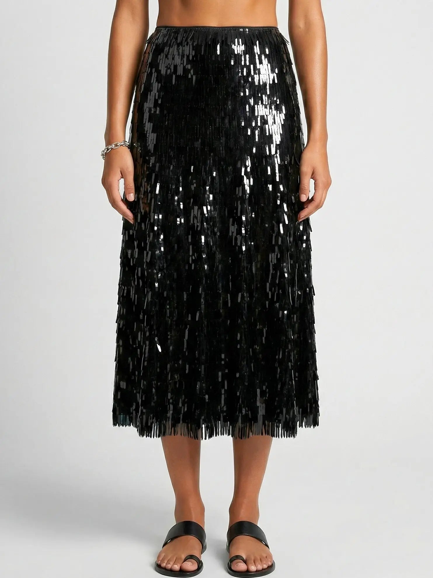Black Sequin Fringe Midi Skirt - Skirts