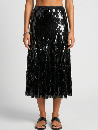 Black Sequin Fringe Midi Skirt - Skirts