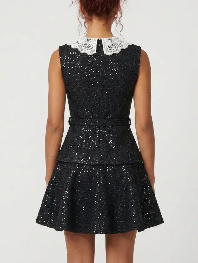 Black Sequin Lace Collar Belted Fit and Flare Mini Dress - Dresses