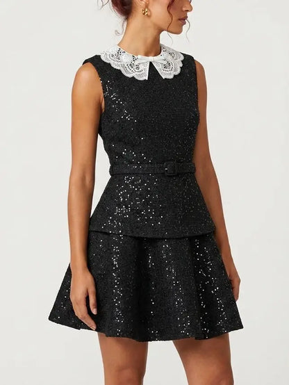 Black Sequin Lace Collar Belted Fit and Flare Mini Dress - Dresses