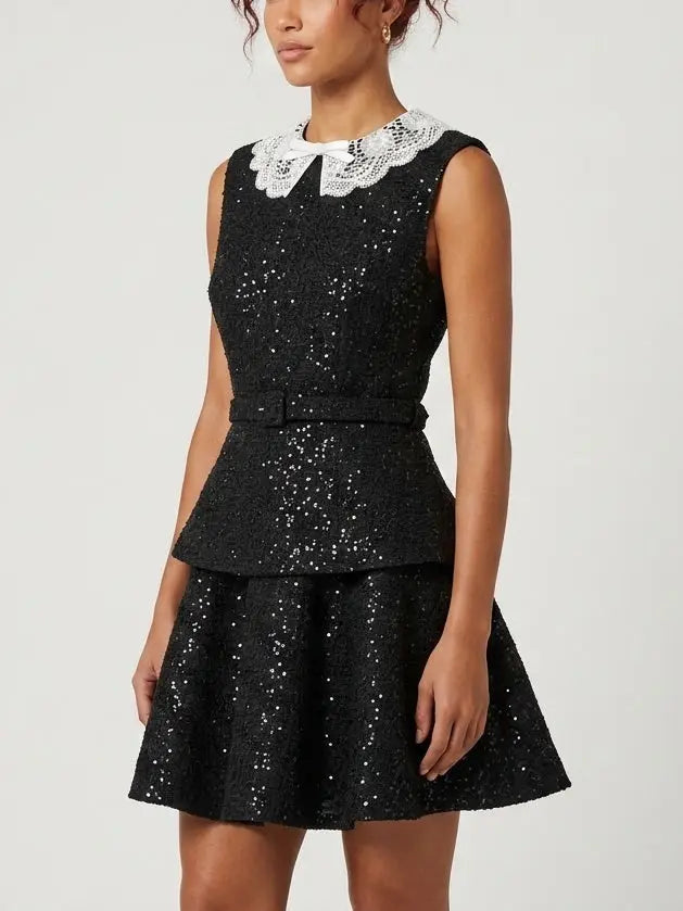 Black Sequin Lace Collar Belted Fit and Flare Mini Dress - Dresses