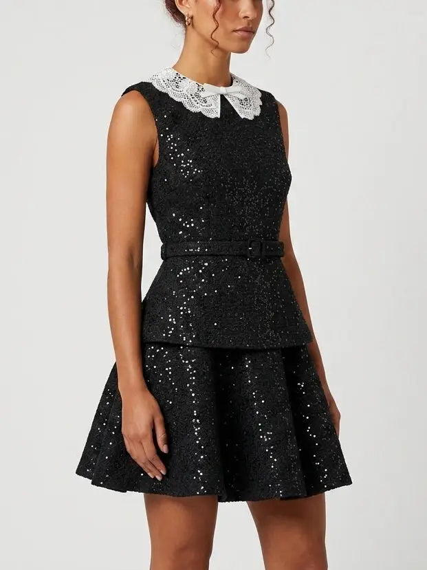 Black Sequin Lace Collar Belted Fit and Flare Mini Dress - Dresses