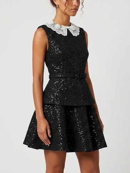 Black Sequin Lace Collar Belted Fit and Flare Mini Dress - Dresses
