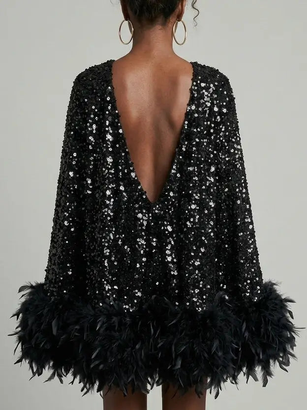Black Sequin Mini Dress with Feather Hem and Open Back - Dresses