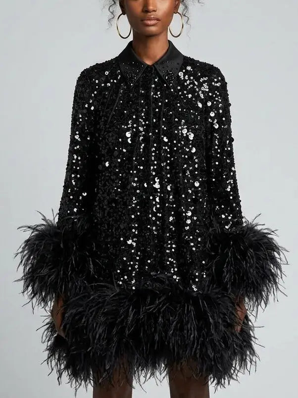 Black Sequin Mini Dress with Feather Hem and Open Back - Dresses