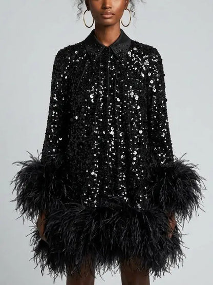 Black Sequin Mini Dress with Feather Hem and Open Back - Dresses