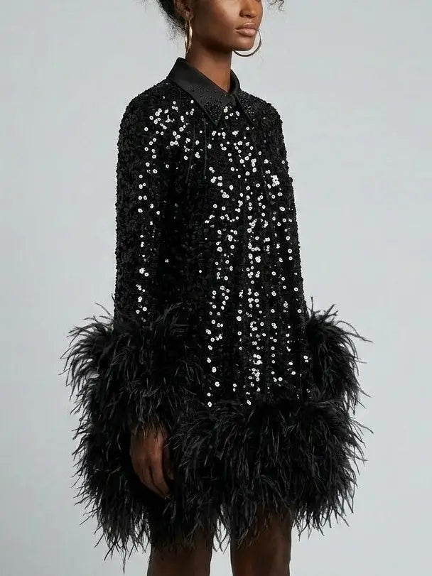 Black Sequin Mini Dress with Feather Hem and Open Back - Dresses