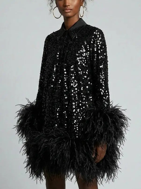 Black Sequin Mini Dress with Feather Hem and Open Back - Dresses