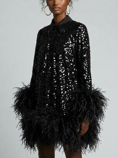 Black Sequin Mini Dress with Feather Hem and Open Back - Dresses