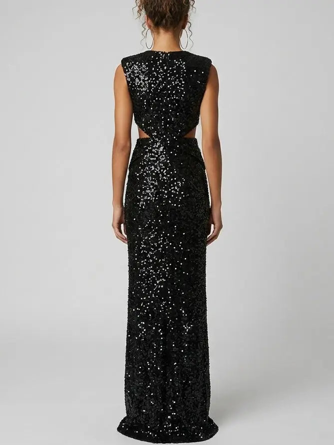 Black Sequin Plunge V-Neck Cut-Out Maxi Dress