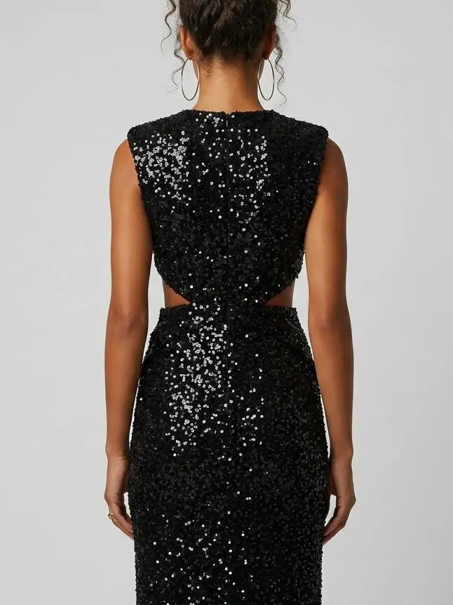 Black Sequin Plunge V-Neck Cut-Out Maxi Dress
