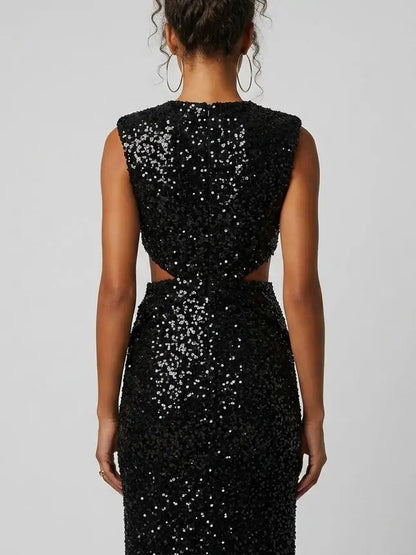Black Sequin Plunge V-Neck Cut-Out Maxi Dress