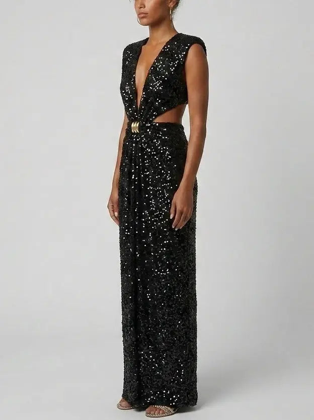 Black Sequin Plunge Cut-Out Maxi Dress - Dresses