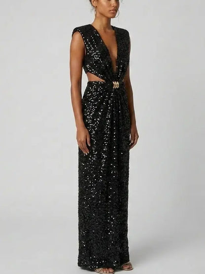 Black Sequin Plunge Cut-Out Maxi Dress - Dresses