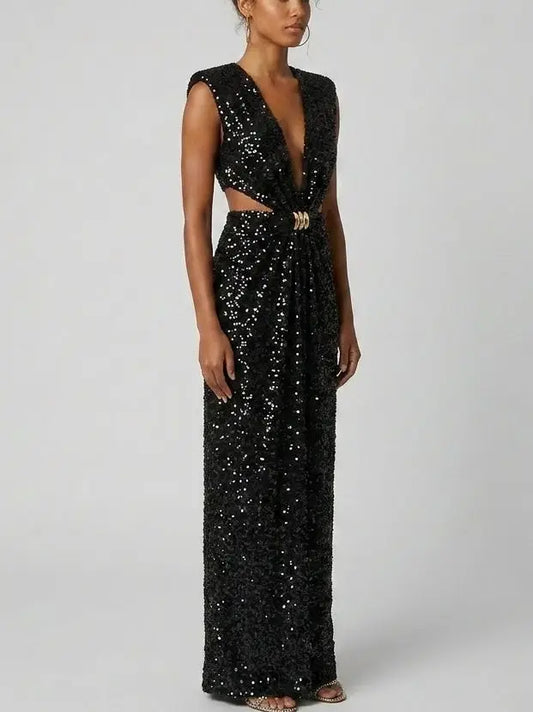 Black Sequin Plunge Cut-Out Maxi Dress - Dresses