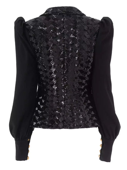 Black Sequined Double Breasted Puff Sleeve Blazer Jackets