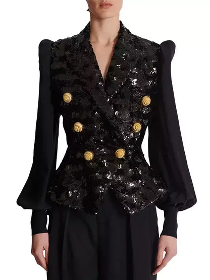 Black Sequined Double Breasted Puff Sleeve Blazer Jackets