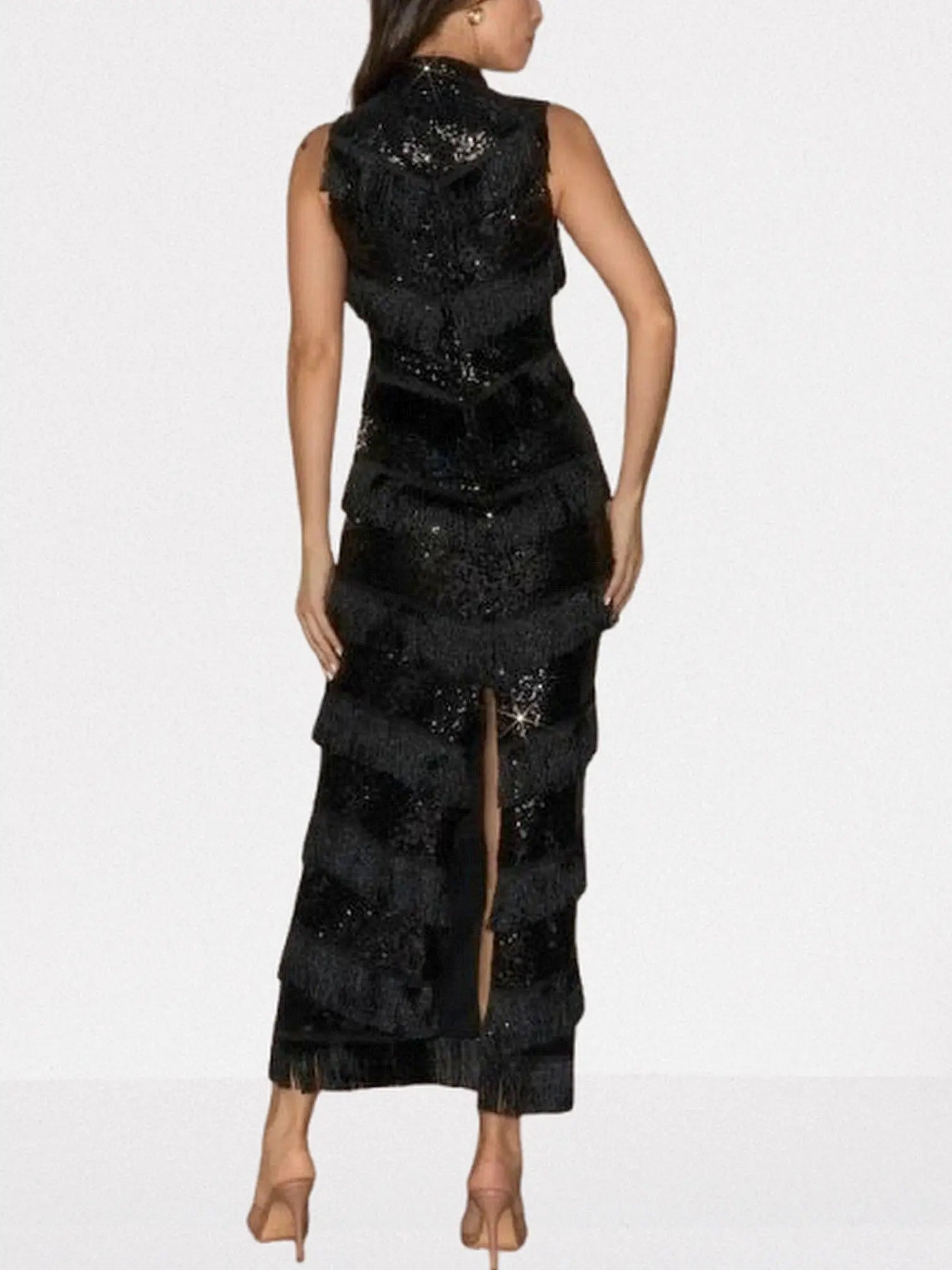 Black Sequined Fringe Sleeveless Maxi Dress - Dresses