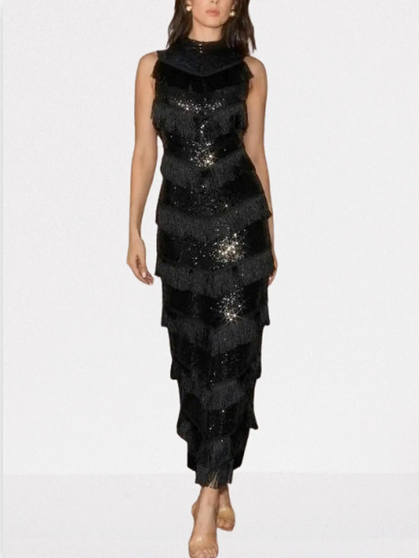 Black Sequined Fringe Sleeveless Maxi Dress - Dresses
