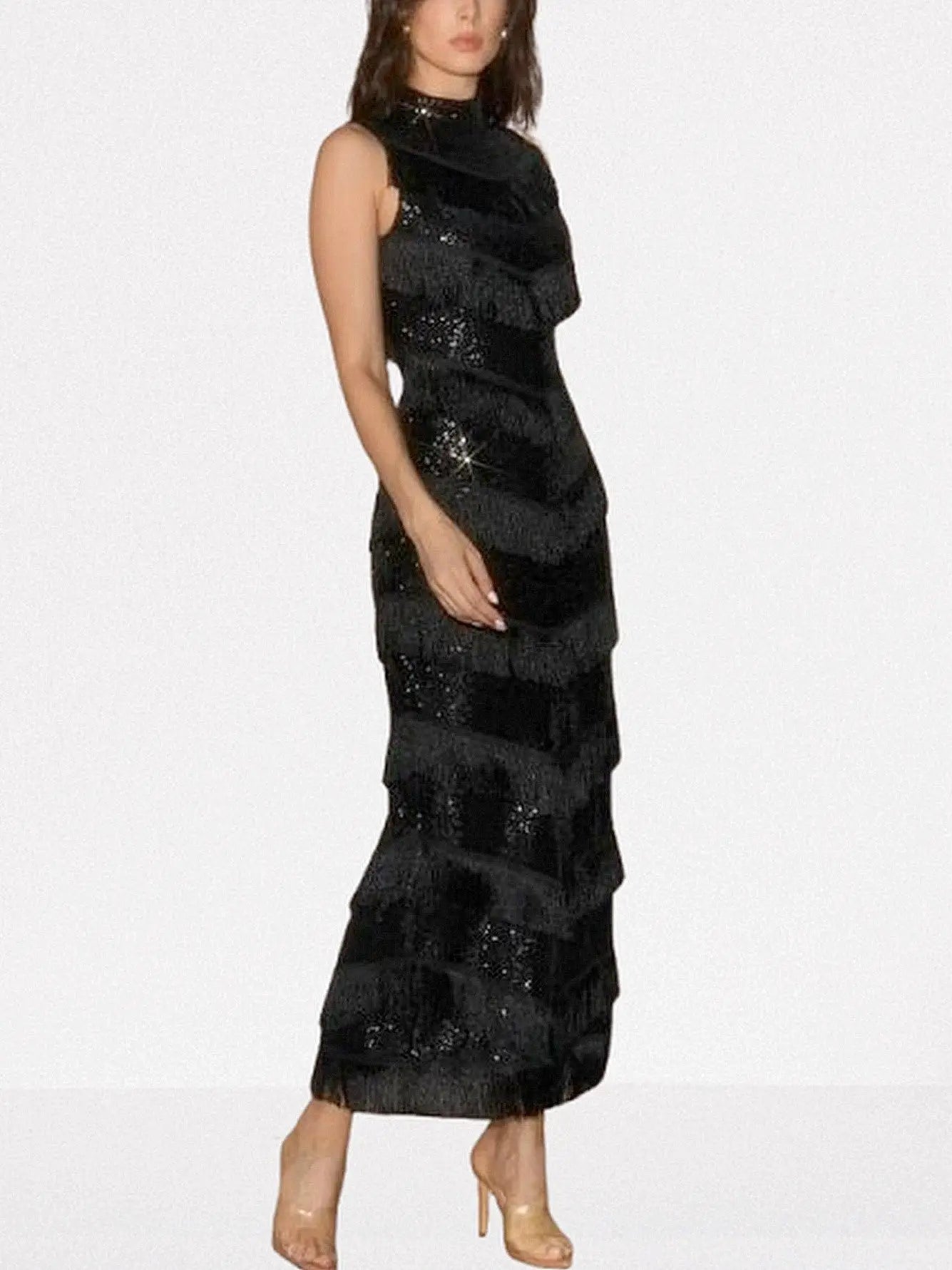 Black Sequined Fringe Sleeveless Maxi Dress - Dresses