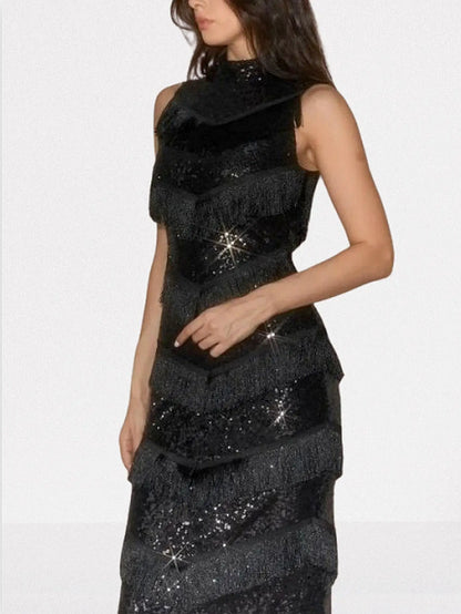 Black Sequined Fringe Sleeveless Maxi Dress - Dresses