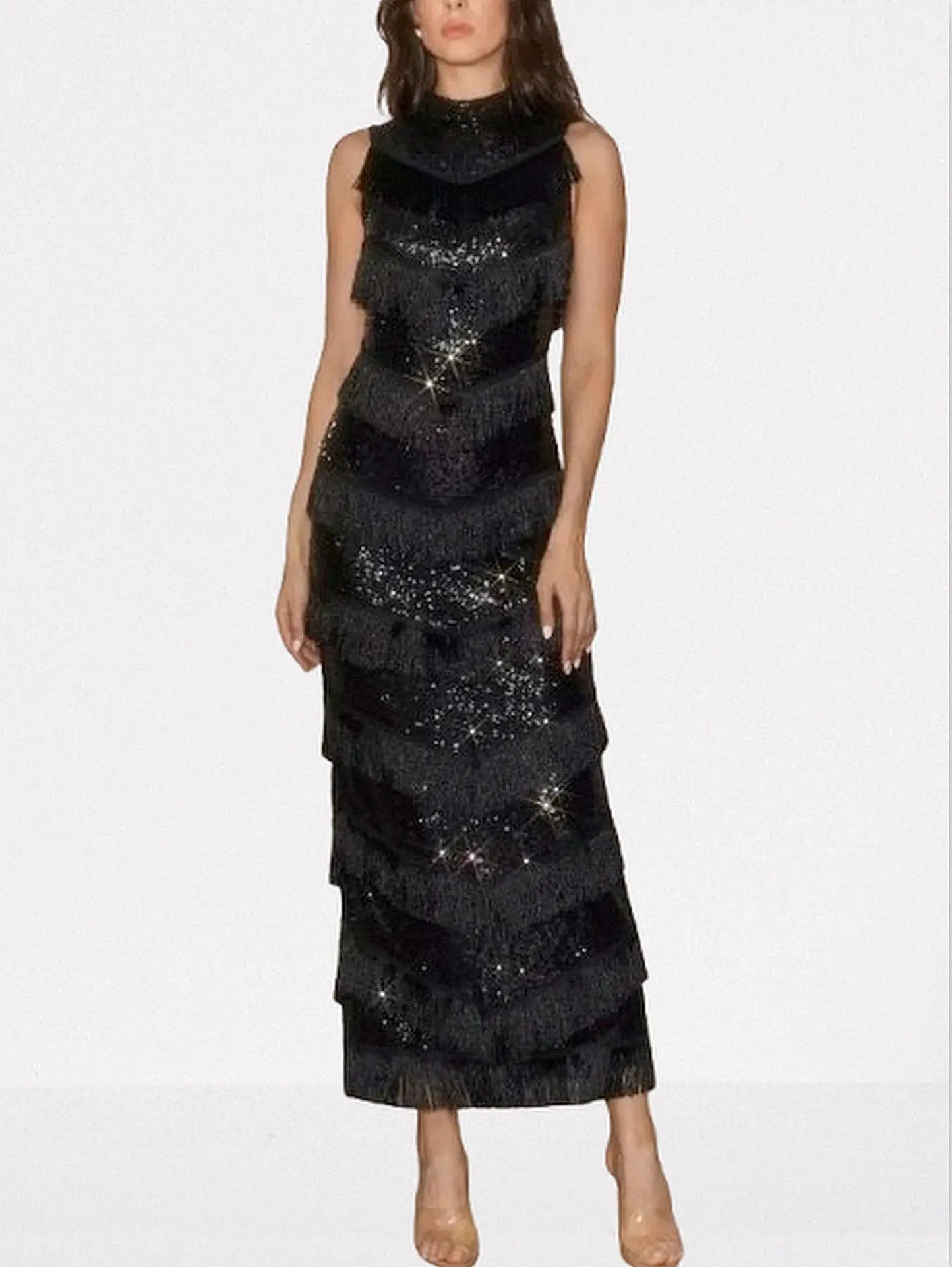 Black Sequined Fringe Sleeveless Maxi Dress - Dresses
