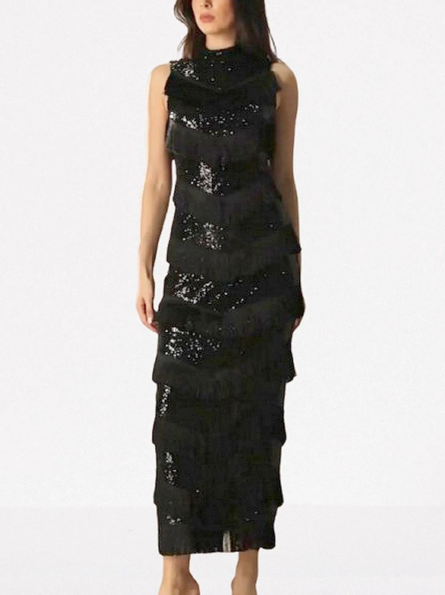 Black Sequined Fringe Sleeveless Maxi Dress - Dresses