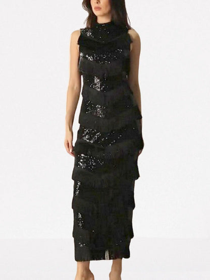 Black Sequined Fringe Sleeveless Maxi Dress - Dresses