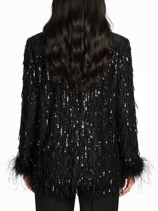 Black Sequined Fringe Tuxedo Blazer with Feather Cuffs - Jackets