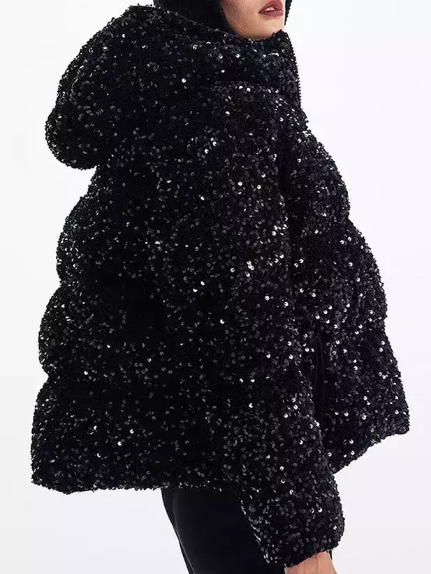 Black Sequined Velvet Hooded Puffer Jacket Branna Couture