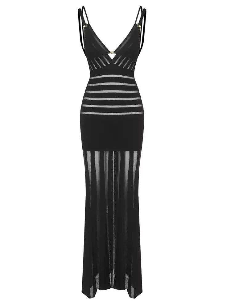 Black Sheer-Paneled V-Neck Maxi Dress - Dresses