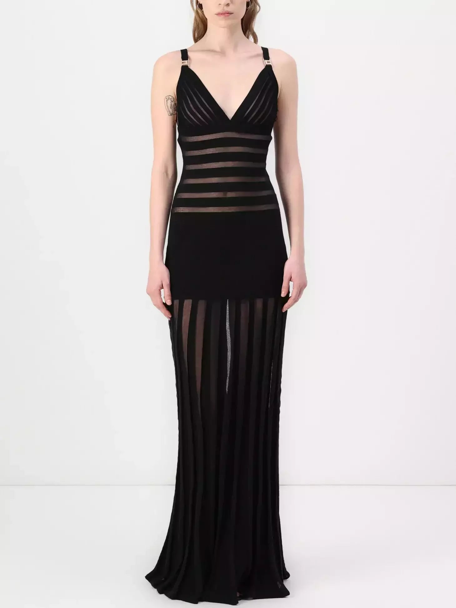 Black Sheer-Paneled V-Neck Maxi Dress - Dresses
