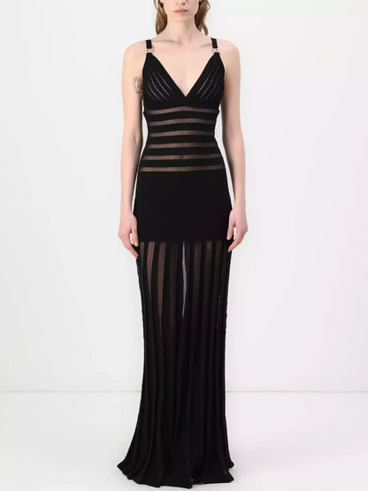 Black Sheer-Paneled V-Neck Maxi Dress - Dresses