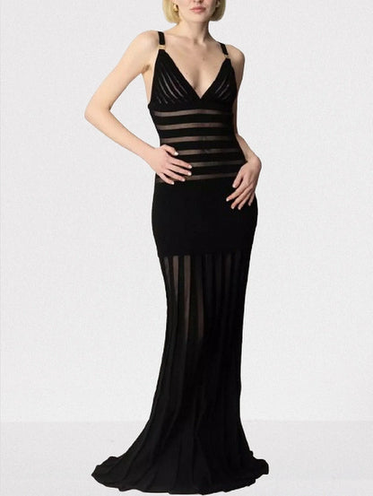 Black Sheer-Paneled V-Neck Maxi Dress - Dresses