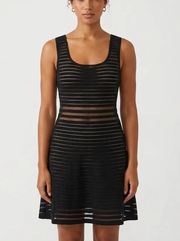 Black Sheer Panel Knit Fit and Flare Dress - Dresses