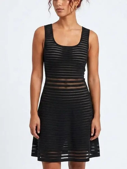 Black Sheer Panel Knit Fit and Flare Dress - Dresses