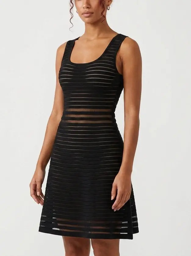 Black Sheer Panel Knit Fit and Flare Dress - Dresses