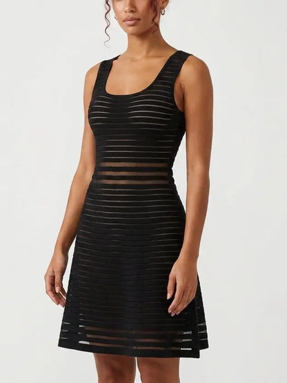 Black Sheer Panel Knit Fit and Flare Dress - Dresses