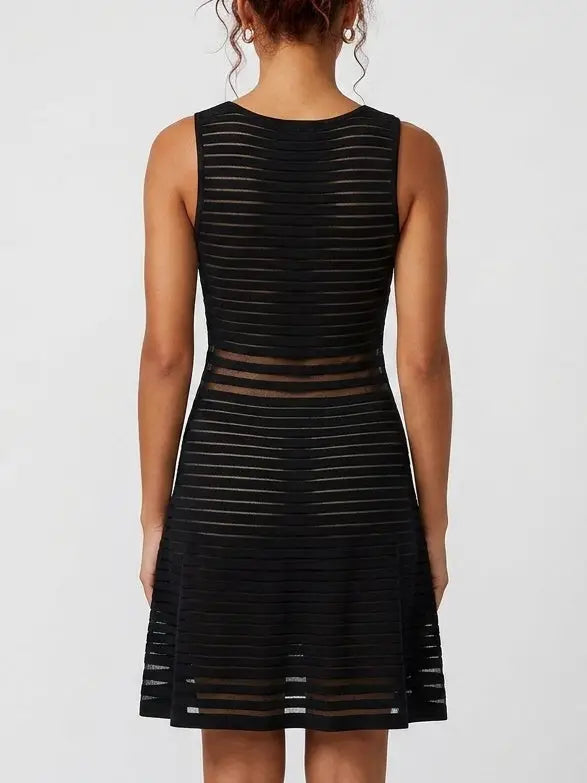 Black Sheer Panel Knit Fit and Flare Dress - Dresses