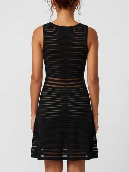 Black Sheer Panel Knit Fit and Flare Dress - Dresses